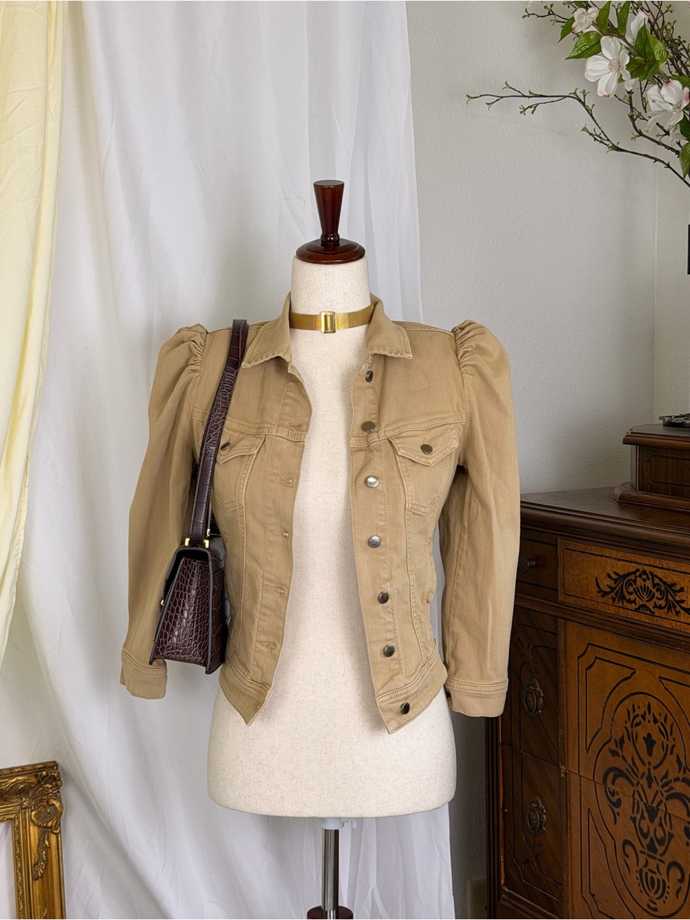 Retrofete Tan Puff-Shoulder Jean Jacket